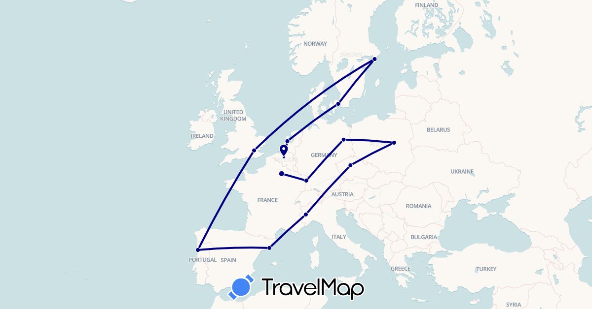 TravelMap itinerary: driving in Belgium, Czech Republic, Germany, Denmark, Spain, France, United Kingdom, Italy, Netherlands, Poland, Portugal, Sweden (Europe)